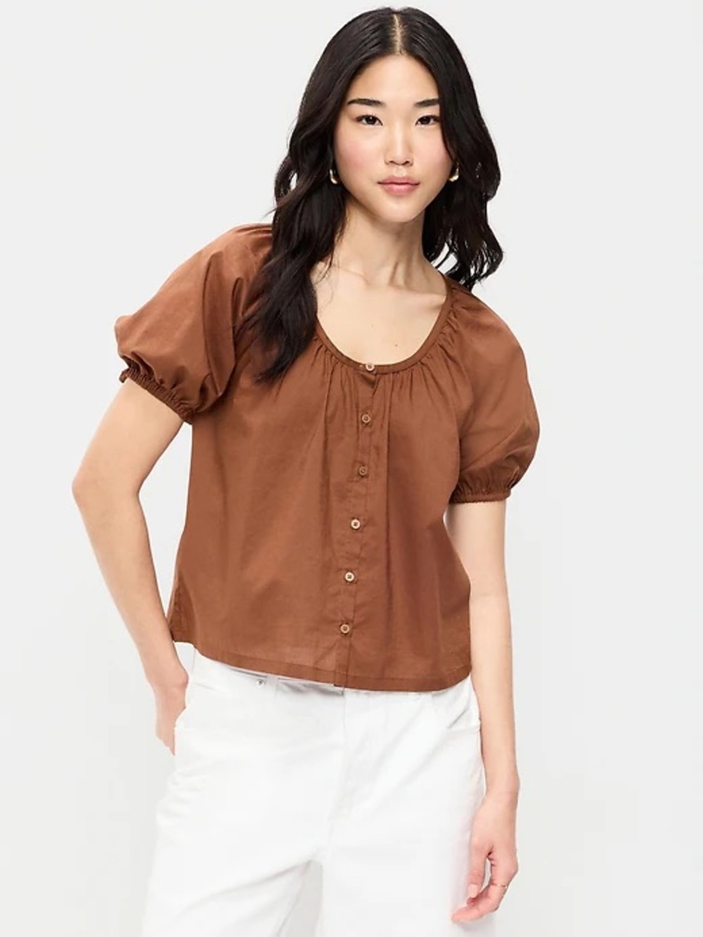 Old Navy Brown Puff-Sleeve Button Front Blouse size Large